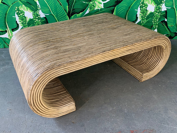 Split Reed Rattan Wrapped Scroll Coffee Table in the Style of Crespi top view