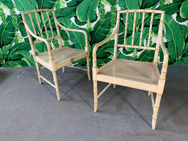Pair of Faux Bamboo Cane Seat Arm Chairs front view