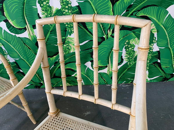 Pair of Faux Bamboo Cane Seat Arm Chairs close up