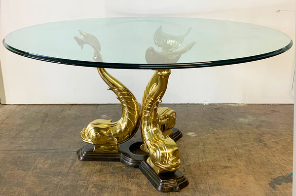 Monumental Brass Asian Dolphin Pedestal Dining Table front view