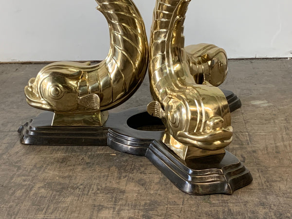 Monumental Brass Asian Dolphin Pedestal Dining Table close up
