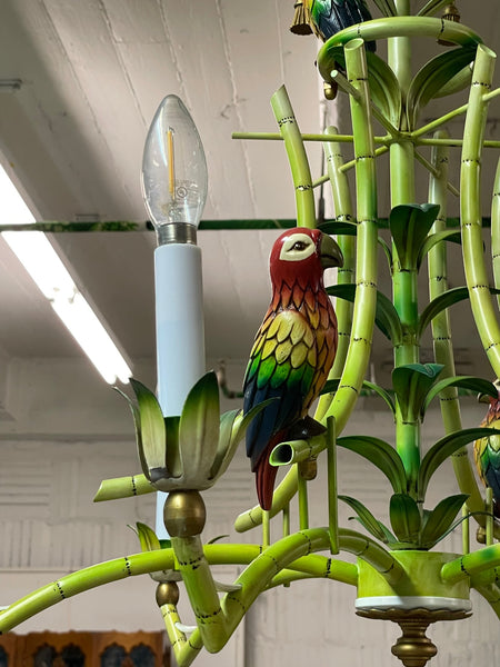 Tole Tropical Painted Parrot Chandelier