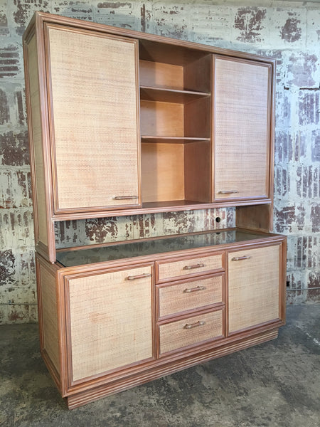 Rattan and Faux Bamboo China Buffet Cabinet With Hutch front view