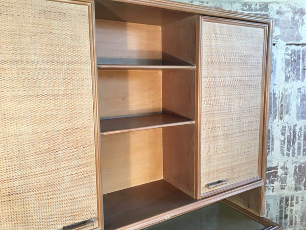 Rattan and Faux Bamboo China Buffet Cabinet With Hutch close up