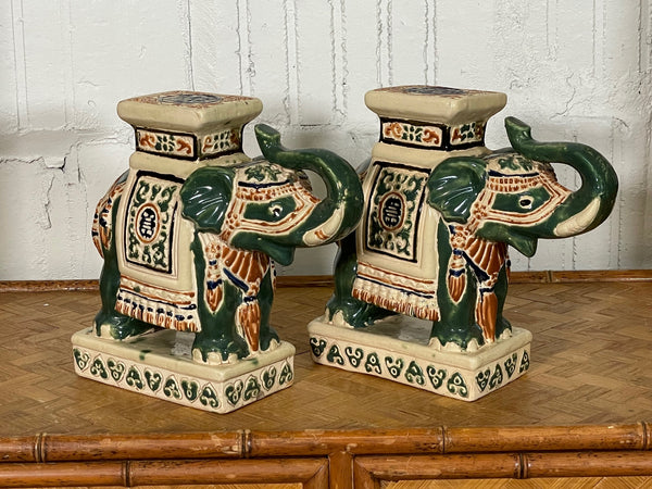Ceramic Chinoiserie Elephant Garden Stool Bookends, a Pair front view