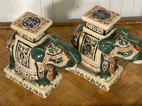 Ceramic Chinoiserie Elephant Garden Stool Bookends, a Pair top view
