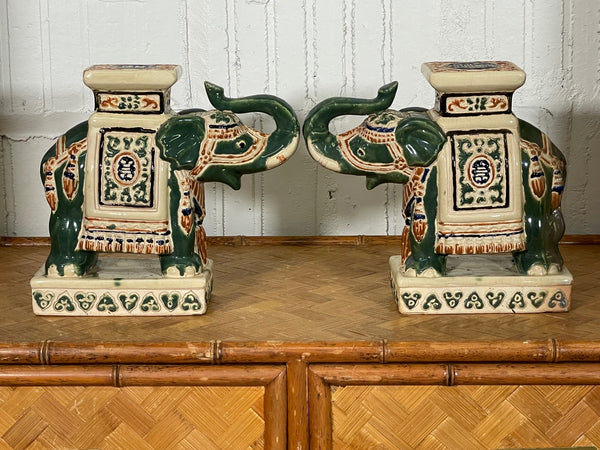 Ceramic Chinoiserie Elephant Garden Stool Bookends, a Pair