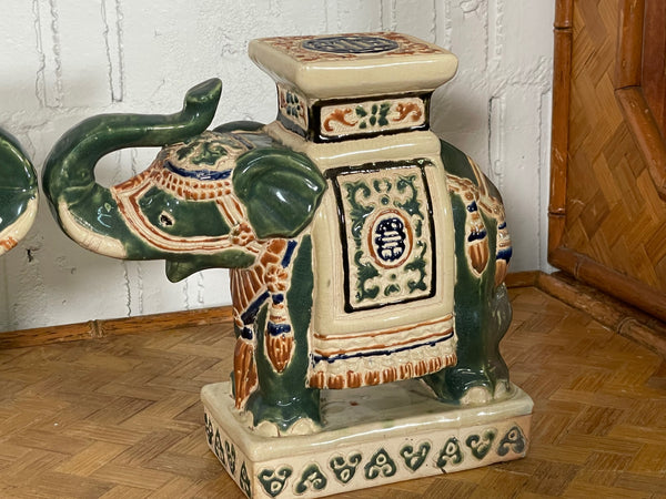 Ceramic Chinoiserie Elephant Garden Stool Bookends, a Pair close up