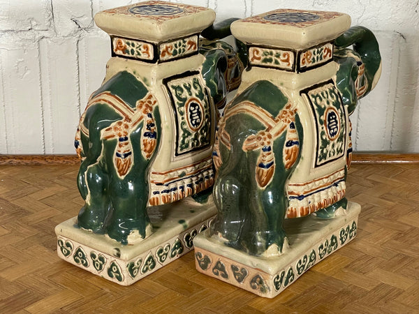 Ceramic Chinoiserie Elephant Garden Stool Bookends, a Pair rear view
