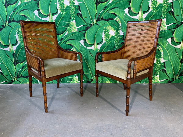 Pair of Cane Back Faux Bamboo Arm Chairs by Palecek front view