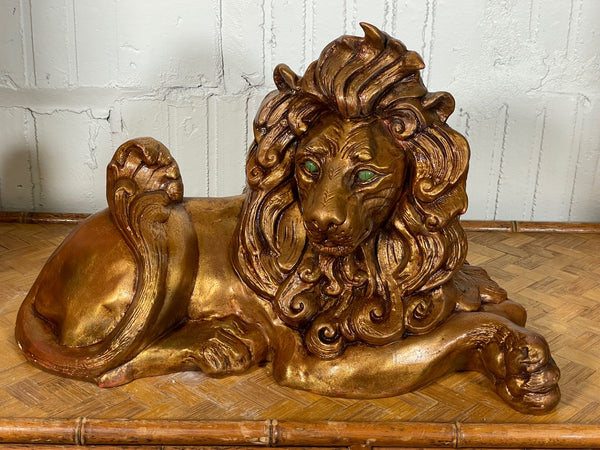 Gold Sitting Lion Statue With Jade Eyes by California Pottery