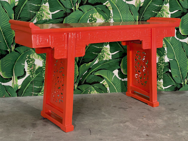 Chinese Carved Console Altar Table in Hermes Orange