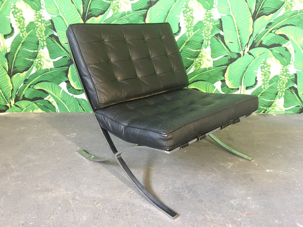 Black Leather Barcelona Chair After Ludwig Mies Van Der Rohe front view