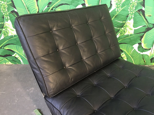 Black Leather Barcelona Chair After Ludwig Mies Van Der Rohe close up