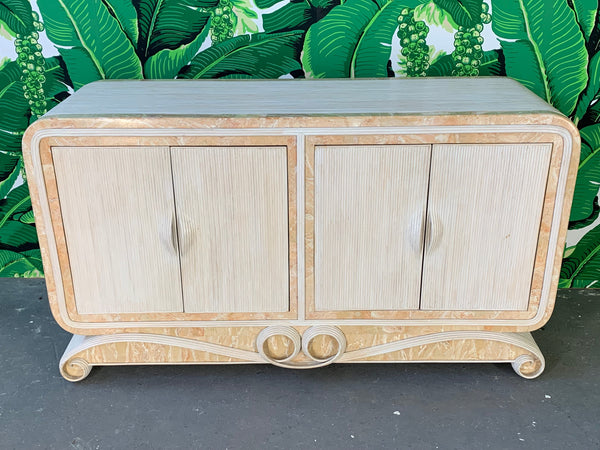 Pencil Reed Rattan and Stone Scroll Sideboard
