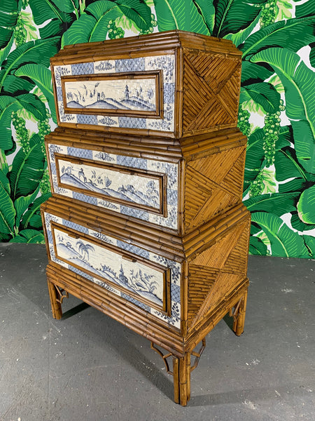 Stacked Rattan Asian Chinoiserie Dresser