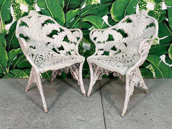 Heavy Cast Metal Fern Motif Garden Patio Chairs, a Pair