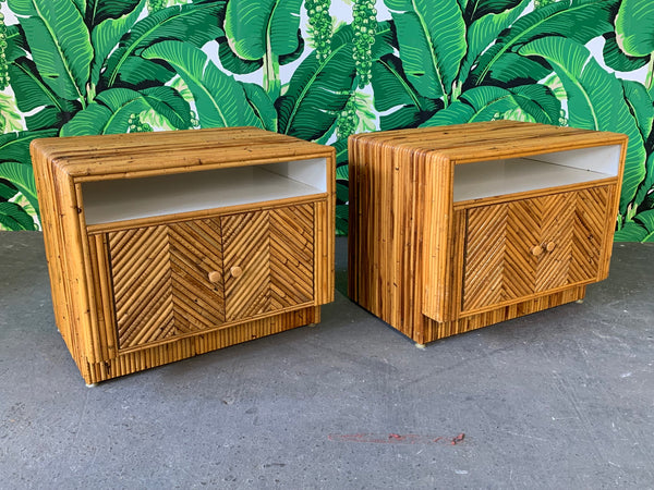 Pair of Split Reed Rattan Nightstands in the Manner of Gabriella Crespi