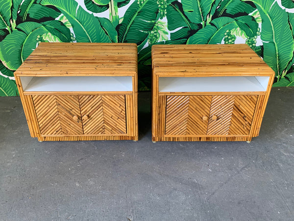 Pair of Split Reed Rattan Nightstands in the Manner of Gabriella Crespi