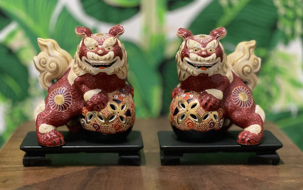 Porcelain Japanese Cinnabar Foo Dog Figurines on Stands