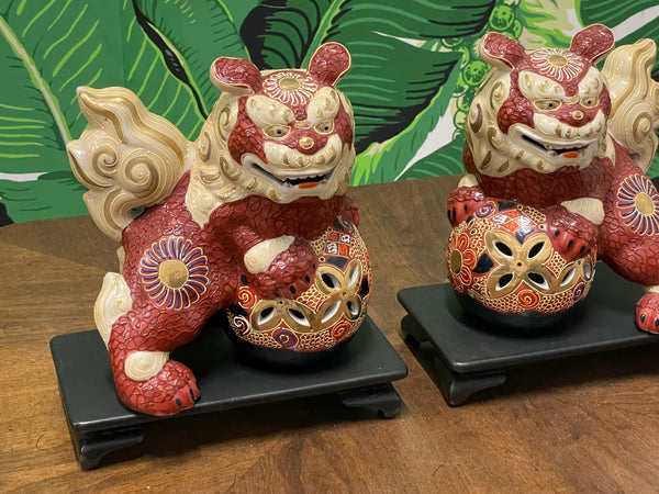 Porcelain Japanese Cinnabar Foo Dog Figurines on Stands