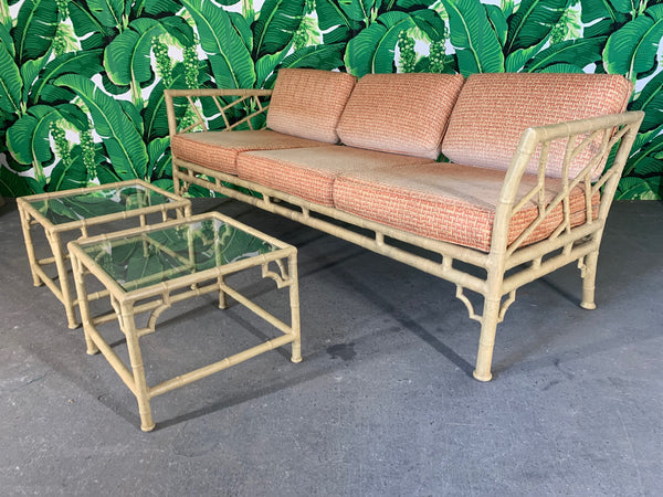 Faux Bamboo Metal Chinoiserie Patio Sofa and Tables by Meadowcraft front view