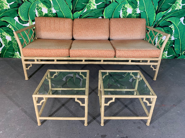 Faux Bamboo Metal Chinoiserie Patio Sofa and Tables by Meadowcraft