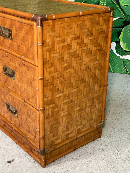 Woven Herringbone Rattan and Brass Faux Bamboo Dresser