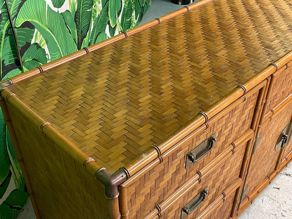 Woven Herringbone Rattan and Brass Faux Bamboo Dresser