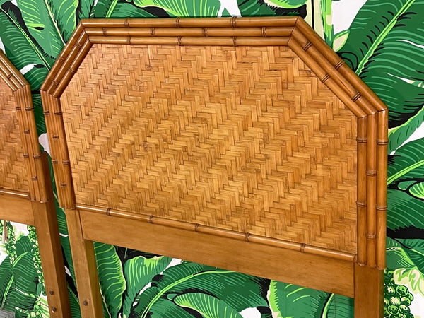 Chinoiserie Faux Bamboo and Rattan Parquetry Twin Headboard Pair