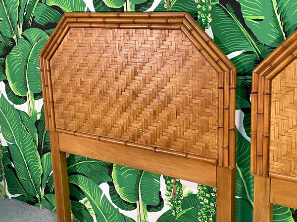 Chinoiserie Faux Bamboo and Rattan Parquetry Twin Headboard Pair