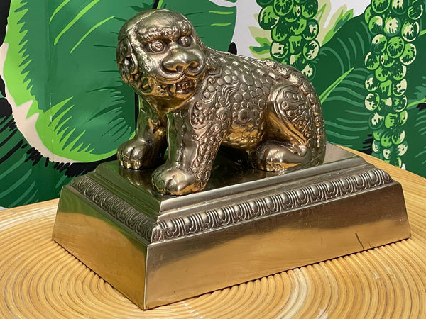Brass Foo Dog Lion Statue on Plinth