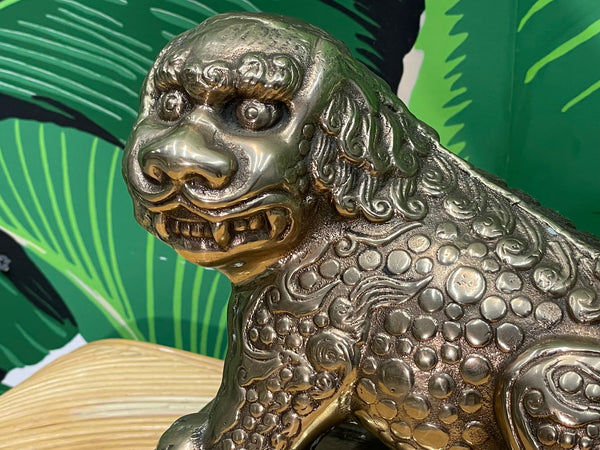 Brass Foo Dog Lion Statue on Plinth