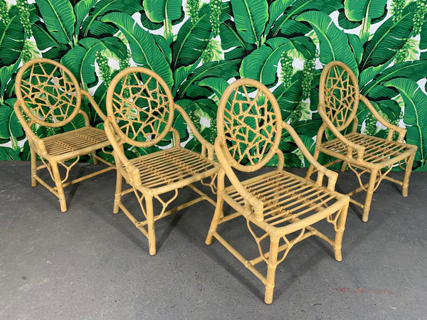 Rattan Cracked Ice Dining Chairs in the Manner of McGuire, Set of 4 front view