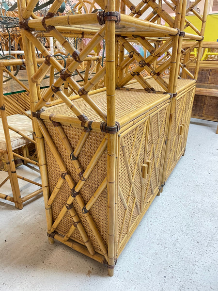 Chinese Chippendale Rattan and Cane Etageres, a Pair