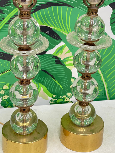 Mid Century Stacked Glass Sphere Brass Table Lamps