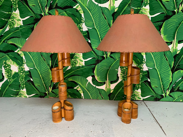 Vintage Tiki Style Rattan and Bamboo Table Lamps