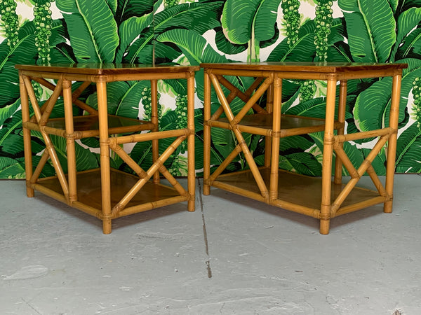 Rattan Chinoiserie Style End Tables front view