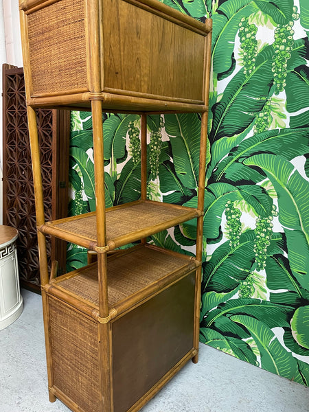Rattan and Wicker Double Cabinet Etageres, a Pair