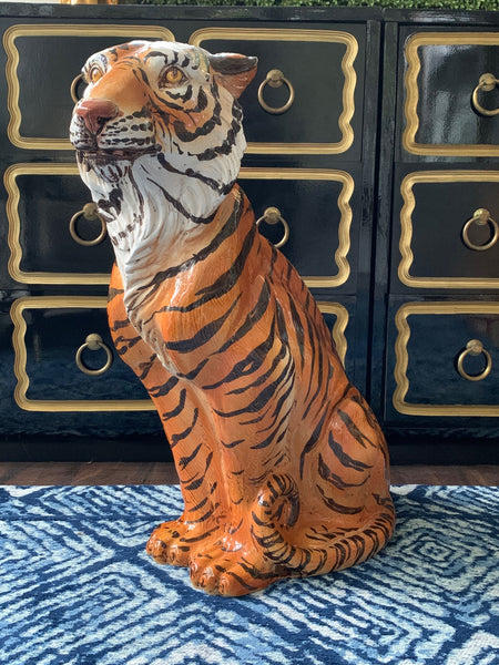 Large Mid Century Glazed Ceramic Tiger Statue front view