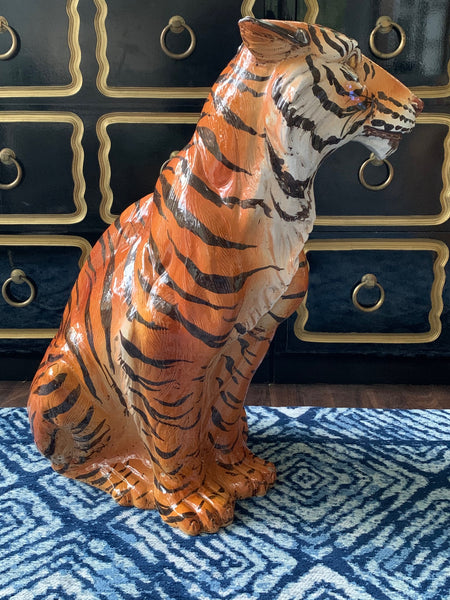 Large Mid Century Glazed Ceramic Tiger Statue