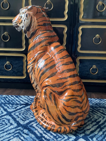 Large Mid Century Glazed Ceramic Tiger Statue rear view