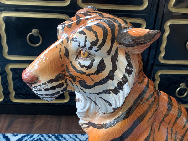 Large Mid Century Glazed Ceramic Tiger Statue close up