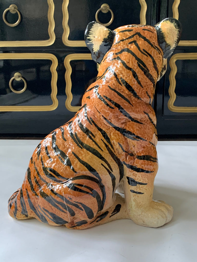 Hollywood Regency Monumental Signed Italian Terracotta Seated Tiger Figurine