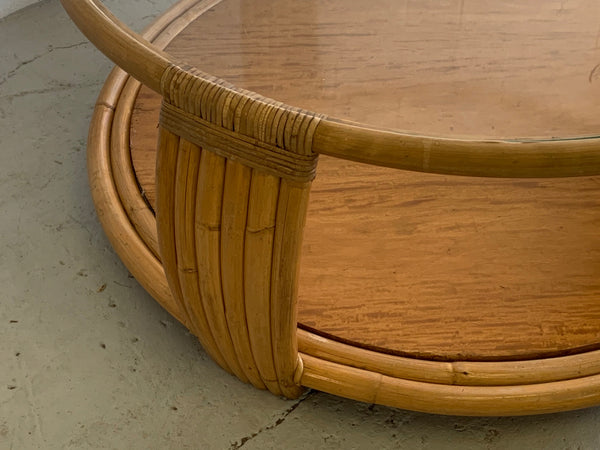 Paul Frankl Style Rattan Round Coffee Table close up