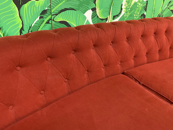 Mid Century Dorothy Draper Style Red Curved Tufted Sofa