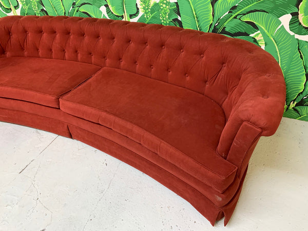 Mid Century Dorothy Draper Style Red Curved Tufted Sofa
