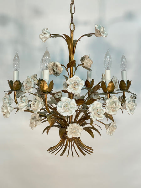 Italian Tole and Ceramic Rose Six Arm Chandelier