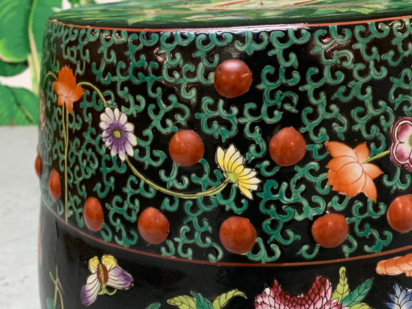 Hand Painted Floral Chinoiserie Garden Stool close up
