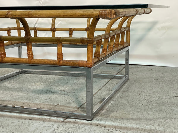 Hollywood Regency Chrome and Rattan Coffee Table